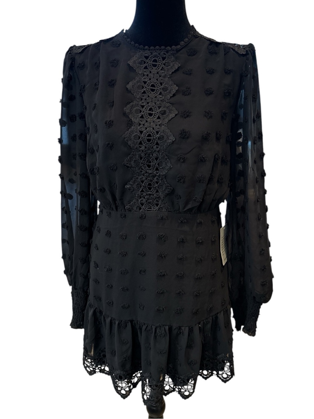Love By Design Black Long Sleeve Lace-Detail Mini Dress